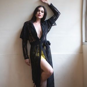 NWT Sexy Long Black Lace Trench Coat Jacket Small